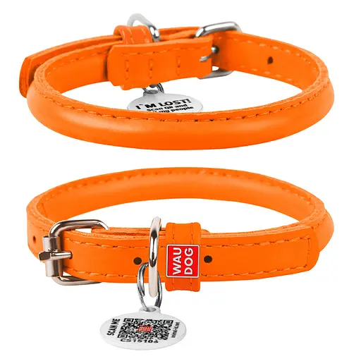 Ошейник для собак кожаный Waudog Glamour с QR-паспортом круглый Д 8 мм Д 25-33 см оранжевый