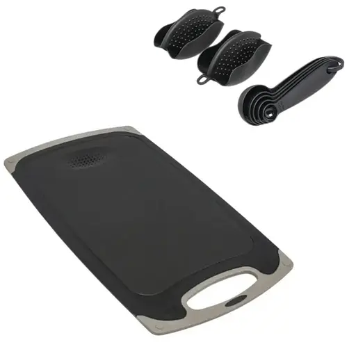 Набір кухонного приладдя 25 предметів з подвійною підставкою, обробною дошкою, набором ножів та прихватками Чорний мрамор - фото 3