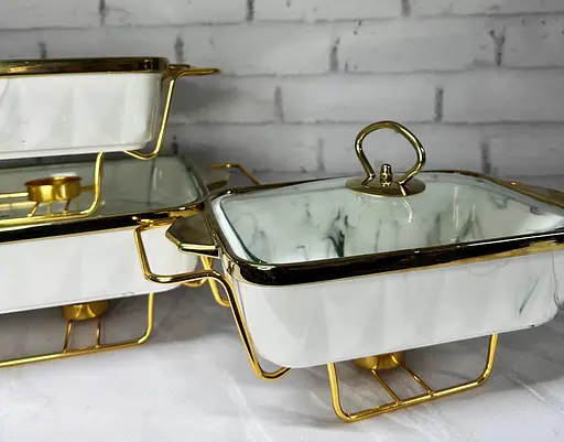 Набор из 3-х мармитов керамических прямоугольных Kitchen с крышками из стекла Бело Золотой - фото 2