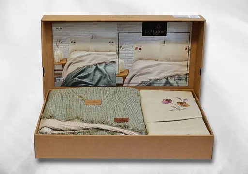 Літня постільна білизна з мусліновим покривалом-піке Selin Yesil Bej La Maison pbe0051391 - фото 1