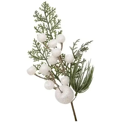 Декоративная ветка хвои 37 см Искусственные материалы для декора и флористики с ягодами Зеленый с белым - фото 1