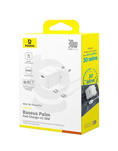Сетевой адаптер Baseus Palm Fast Charger 1C 30 W + Cable Type-C to Type-C P10111605213-01 Белый - фото 2