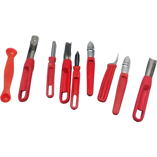 Набор ножей для карвинга (резьба по овощам) 8 штук (пластмассовая ручка, стальное лезвие) + ложка-нуазетка, Master Class Красный 83700 - фото 1