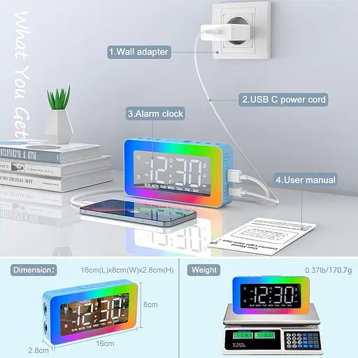 Цифровий електронний будильник з 2 будильниками, дзеркало LED з 8 режимами освітлення, повтор, засіб для сну, таймер - фото 4