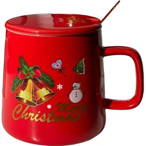 Кружка новогодняя Olens 8030-292-2 Рождественская с крышкой и ложкой керамическая 400 мл Красная - фото 1