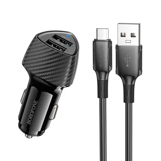 Адаптер автомобильный BOROFONE Solid dual-port car charger Micro USB Set BZ31A |2USB, 17W/3.4A Max| - фото 1