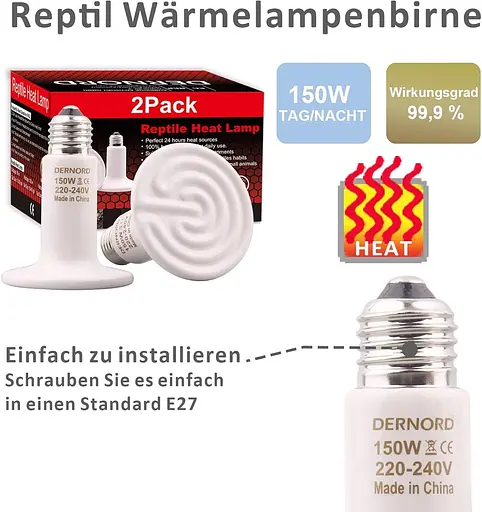 Dernord рептилии тепловая лампа Террариум 150 Вт 2 штуки - керамические нагревательные прожекторы для черепахи первобытные раки пауки - фото 5