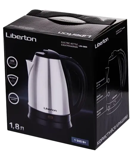 Електрочайник Liberton LEK-6800, Inox, 1500W, 1.8л, дисковий, нержавіюча сталь/пластик, індикатор рівня води, захист від перегріву, захист від включення без води - фото 6