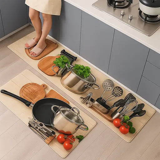Набір килимків для кухні та ванної 120×40 см і 60×40 см водонепроникні, протиковзні, м'які, декоративні, Kitchen Master Сірий 87948 - фото 1