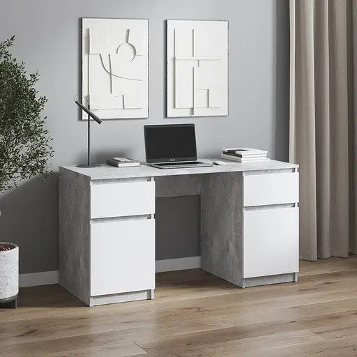 Компьютерный стол Vays, письменный стол с двумя тумбами, c ящиками без ручек R-34 Бетон-Белый фасад