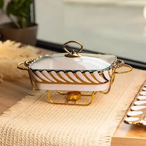 Мармитница фарфоровая Yiwu Tiffany 1 л со стеклянной крышкой на металлической подставке с подогревом 28х23х7 см мармит для первых блюд SG-428-11 - фото 2