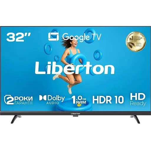 Телевізор 32" Liberton LTV-32H05GT, чорний, LED, 1366x768, 60 Гц, 3000:1, Google TV, DVB-T2/C, LAN, Wi-Fi, bloetooth, 2xHDMI, - фото 1