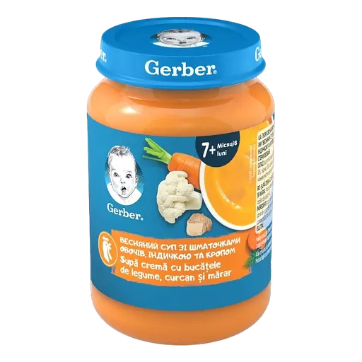Набір пюре Gerber : овоче - м'ясне від 7 міс зі шматочками Овочі з куркою 190 г + овоче-м'ясне  від 7місюВесняний суп зі шматочками овочів, індичкою та кропом  190 г +  рибно-овочеве від 6 міс  Риба з картоплею, цукіні та броколі  190 г - фото 3