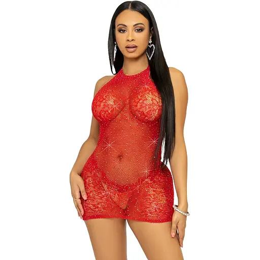 Платье-сетка со стразами Leg Avenue RhinestOne halter Mini dress Red, открытая спина, One Size