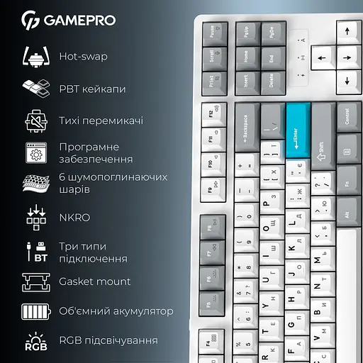 Клавіатура GamePro Asgard Ragnar Keychron Super Red Switch Wireless/Bluetooth/USB White бездротова (MK285WH) - фото 16