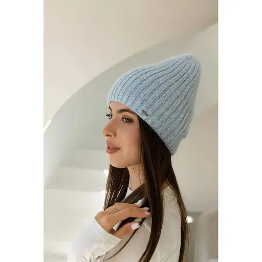 Женская зимняя шапка Ангора Молодежь из ангоры 80% с двойной вязкой Голубой - фото 1