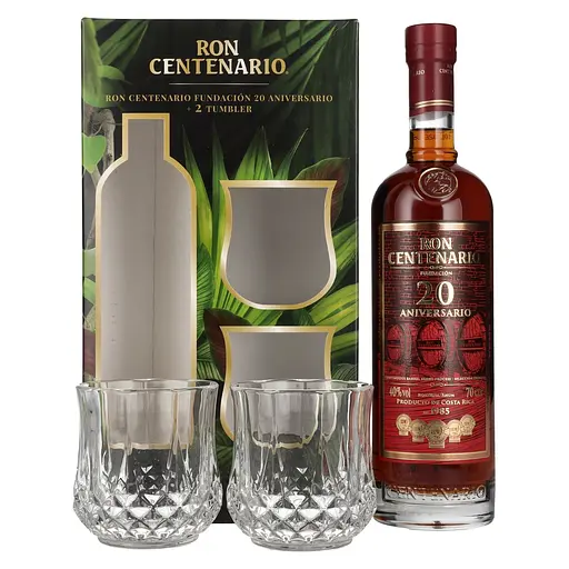 Ром Centenario Fundation 20 лет 40% 0.7 л в подарочной упаковке + 2 стакана