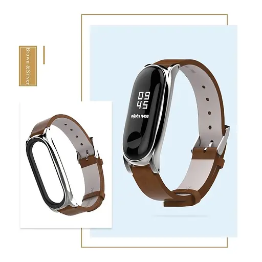 Шкіряний ремінець MiJobs для фітнес-браслета Xiaomi Mi Band 5 и 6 Type С коричневий, тримач - сріблястий - фото 4