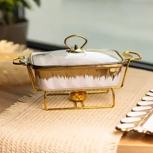 Мармитница фарфоровая Yiwu 1 л прямоугольная на металлической подставке со стеклянной крышкой 31х16х11 см мармит для первых блюд ML789-11 - фото 2