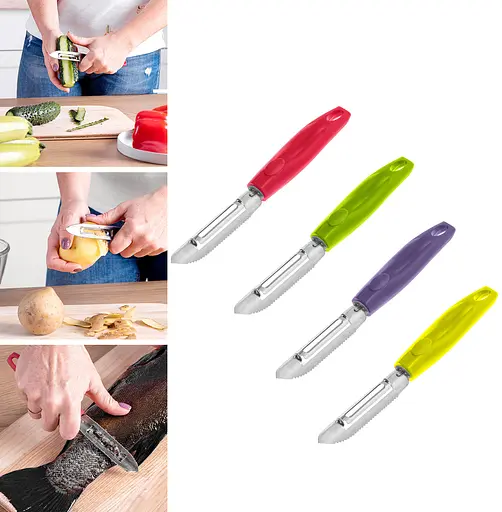 Ніж 2в1 економка овочечистка рибочистка великий з пластмасовою ручкою для очищення овочів та фруктів 20.5 см, Kitchette Червоний 83748 - фото 2