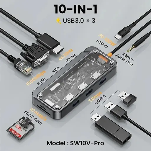USB type C HUB 10 in 1 PD100W 4K 30 Гц RJ45 USB 3.0 10 Гб/с - фото 4