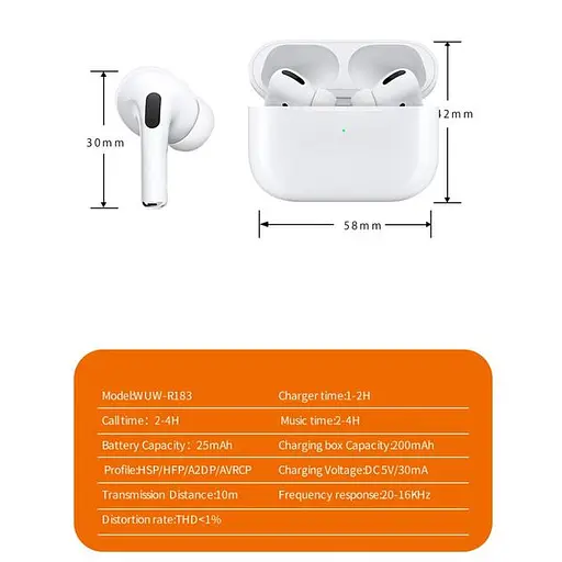 Беспроводные наушники WUW-R183, BT5.0, TWS, 30mAh, 200mAh, 4h, white - фото 2