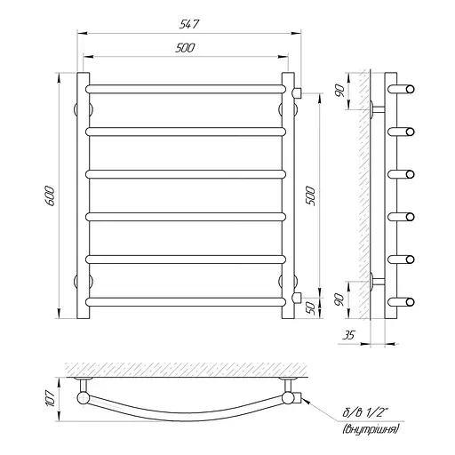 Водяна рушникосушка Laris Класік П6 500x600 бокове підключення 71207592, Хром - фото 2