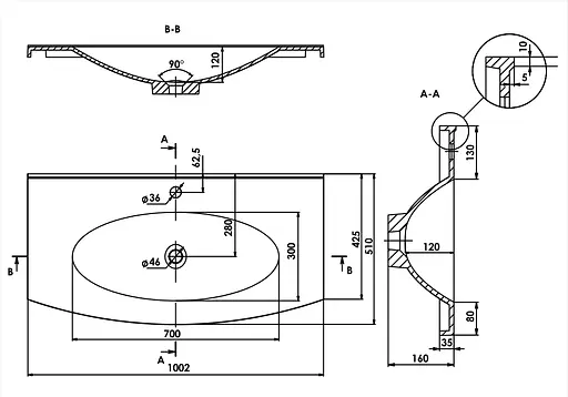 Раковина матова врізна Amidicon Montana 100 1000x510 з литого каменю MONTANA_100_MAT, Білий матовий - фото 6