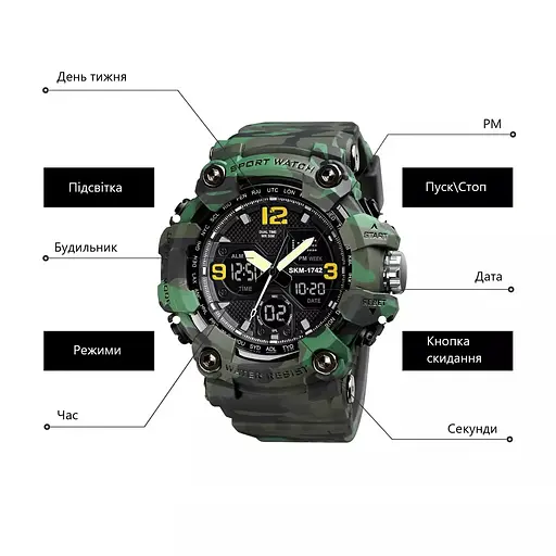 Чоловічий спортивний наручний годинник Skmei 1742 Hamlet (Зелений камуфляж) - фото 7
