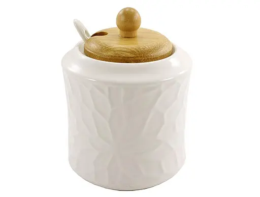 Сахарница с ложкой и деревянной фарфоровой крышкой Interos 380 мл белая (PJ03252-1)