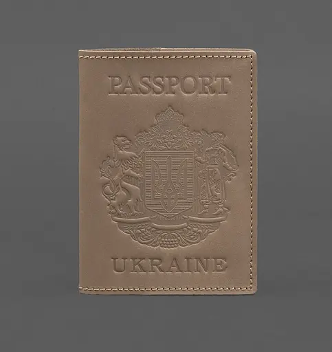 Кожаная обложка для паспорта с украинским гербом светло-бежевая - фото 1