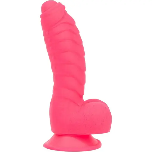 Ребристий фалоімітатор Addiction - Tom 7″ Dildo With Balls - Pink, віброкуля в подарунок