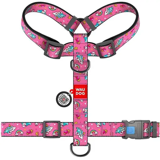 Шлея для собак Waudog Nylon анатомічна H-подібна з QR-паспортом, малюнок "Єдинороги", пластиковий фастекс, XL - фото 2