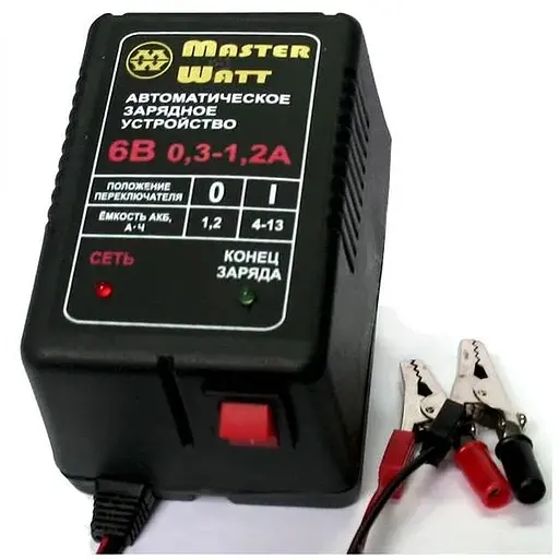 Автоматическое ЗУ для аккумулятора 6V (1,3-13Ah) (MF,WET,AGM,GEL,NICD,NIMH), 180-240V, Ток заряда 0.3-1.2A, крокодилы в комплекте