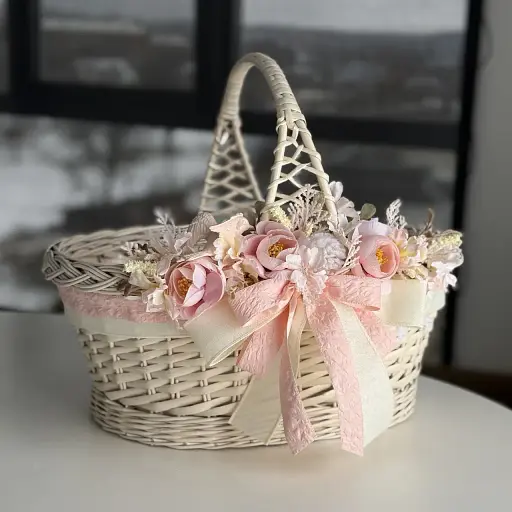 Пасхальная корзина 38х28см hand-made MIS LT бежевая с пудрово-розовым декором большая - фото 1