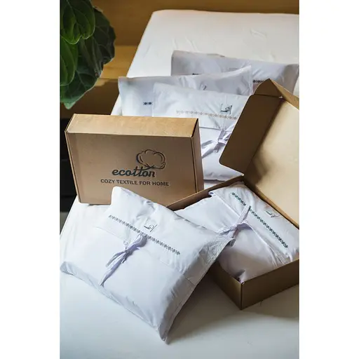 Комплект постільної білизни Ecotton Premium євро перкаль вишивка з зеленим кантом (25139) - фото 10