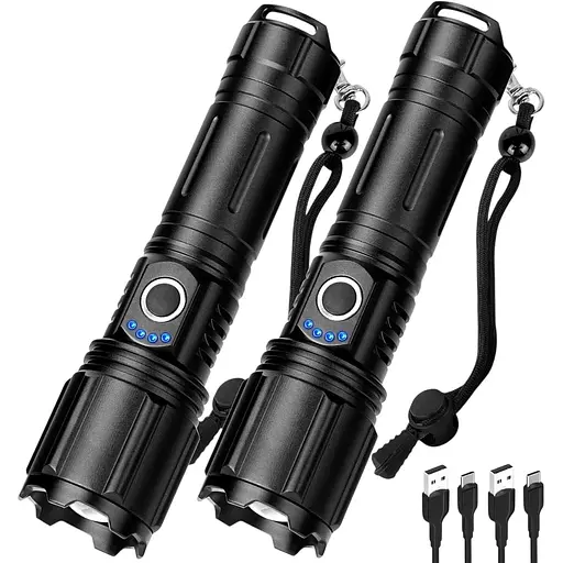 Пакет з 2 ліхтариків, що перезаряджаються, з високим люменом, 990000 люмен, супер яскравий світлодіодний ліхтарик з 5 режимами