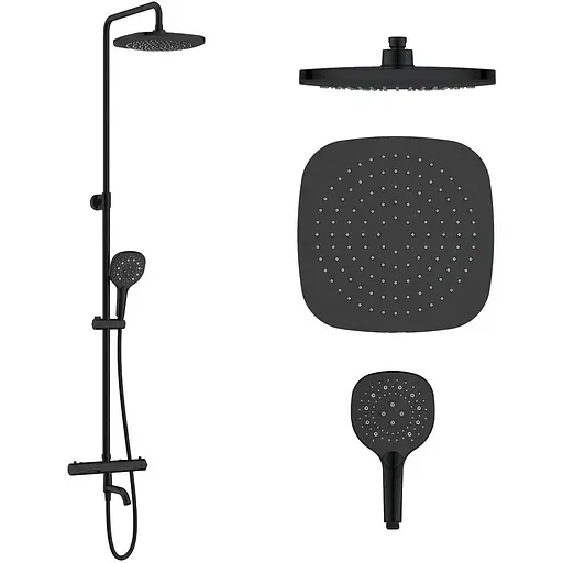 Душова система з термостатом Imprese Centrum SQ із виливом верхній душ 255 мм ABS квадрат black matt T-10262SQ, Чорний матовий - фото 1