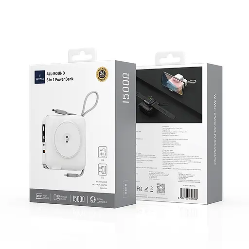 Портативний ЗП Power Bank WIWU Wi-P051 6 in 1 PD45W з БЗП+iWatch 15000 mAh White - фото 6