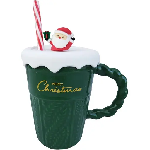 Чашка новогодняя Olens 102-1061-1 Рождественский свитер керамика с крышкой и трубочкой 380 мл Зеленая - фото 1