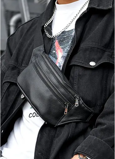 Мужская сумка на пояс бананка кожаная Sambag Tirso BTT черная 31×12×5 см (81339001m) - фото 1