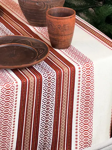 Лляна скатертина різдвяна з українським орнаментом "Промінь (червоний)" - 250х150 см - фото 4