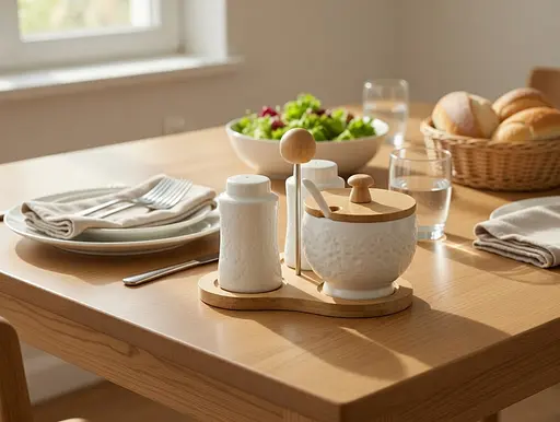 Набір для спецій та цукорниця порцелянові на дерев'яній стійці Grazie 3 предмети (PJ02152 D) - фото 3