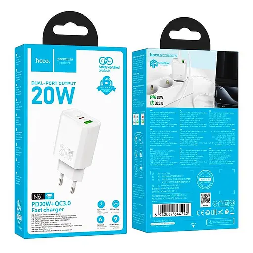 Адаптер сетевой HOCO Gentle charger N61 1USB/1Type-C, 20W/3A, PD/QC| - фото 2