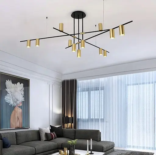 Современная линейная люстра на 12 плафонов-спотов черного цвета или латунь Line.F Цвет плафона Латунь - фото 2