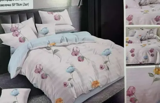 Постельное комбинированное белье Страйп сатин двуспальный комплект цветочный принт синий - фото 3