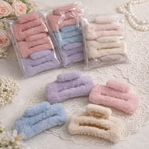 Набір заколки-крабики пухнасті 11 см для волос с искусственным мехом пружинный зажим 12 шт. Різнокольорові - фото 2