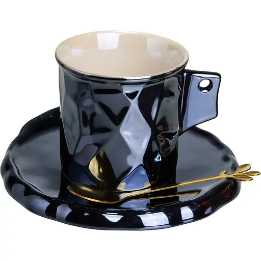 Чашка для кави порцелянова 200 мл з блюдцем і ложкою в дзеркальній глазурі чорний FM-2A