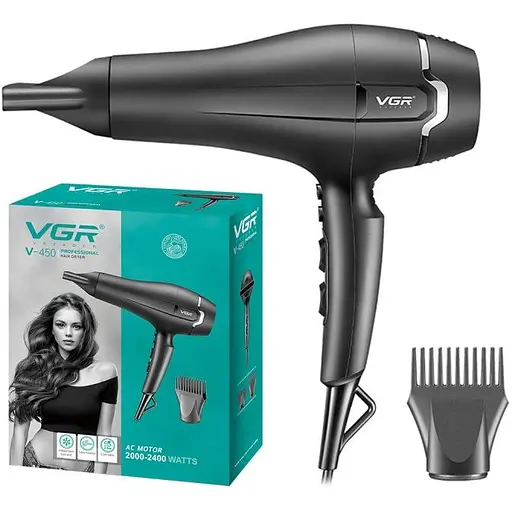 Професійний фен VGR V-450, 4 режими обдування, 4 режими температури, 2 насадки, 2400W, Box - фото 2