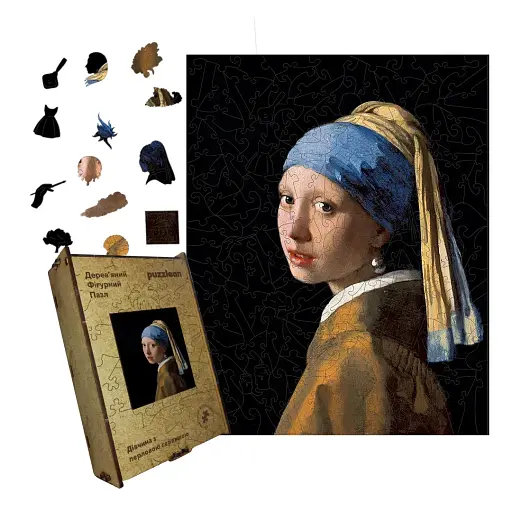 Деревянный фигурный пазл Девушка с жемчужной серьгой, А4, Деревянная коробка 100 элементов